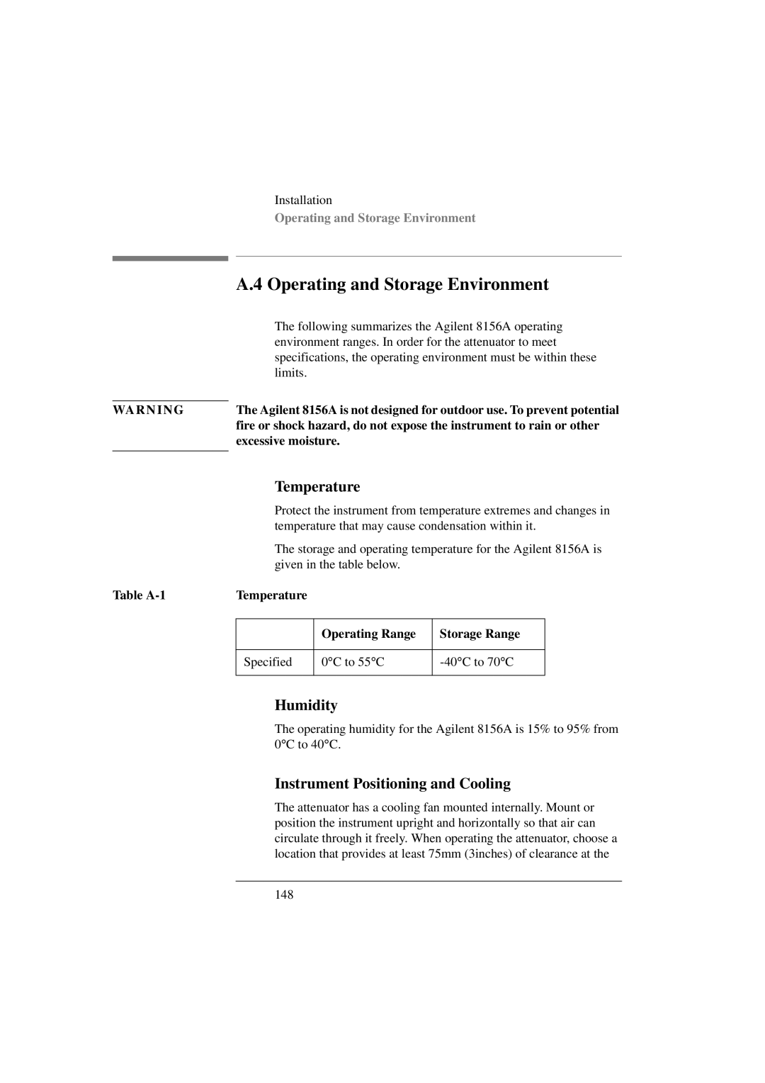 Agilent Technologies 8156A Operating and Storage Environment, Temperature, Humidity, Instrument Positioning and Cooling 