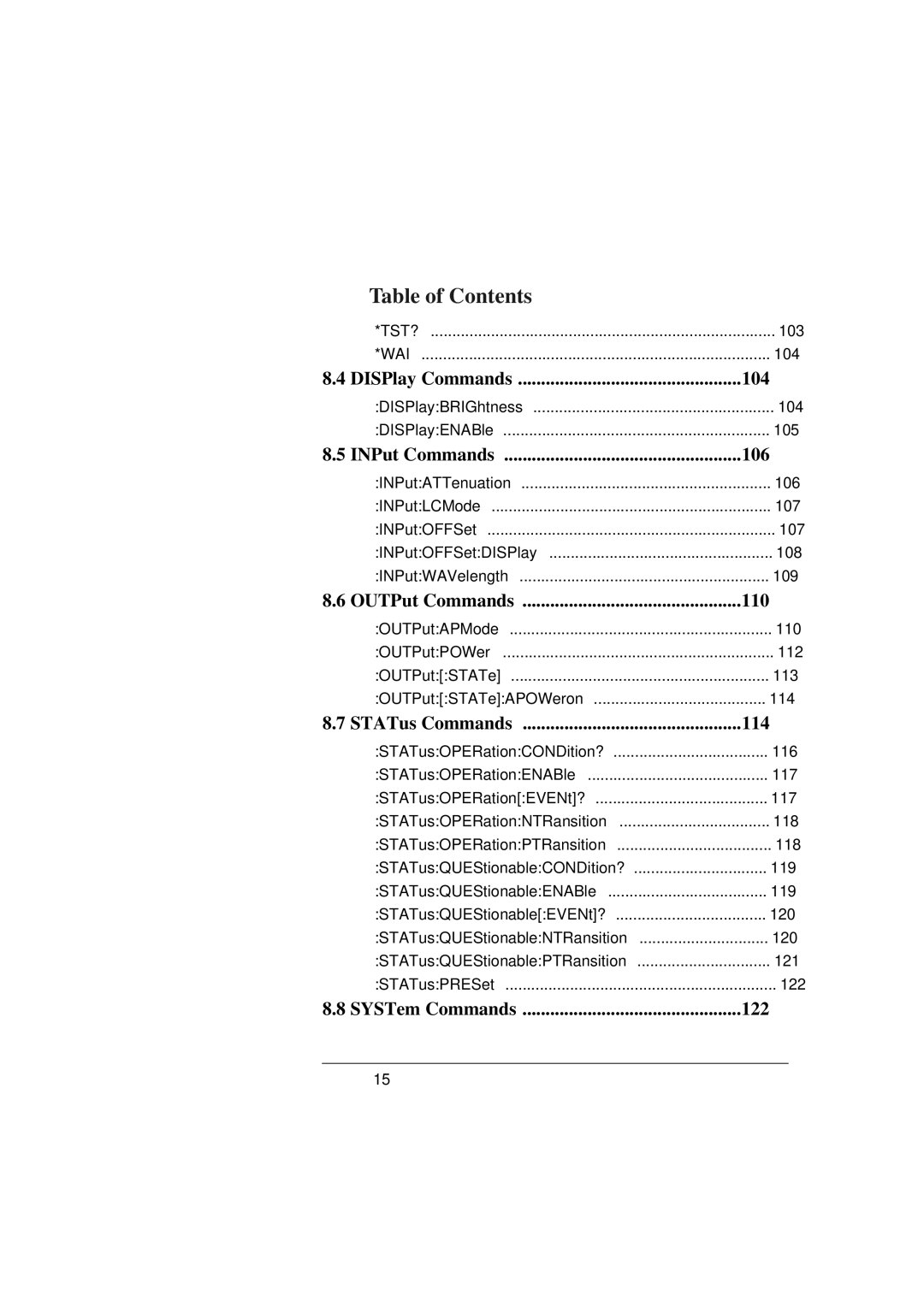 Agilent Technologies 8156A manual DISPlay Commands 104, INPut Commands 106, OUTPut Commands 110, STATus Commands 114 