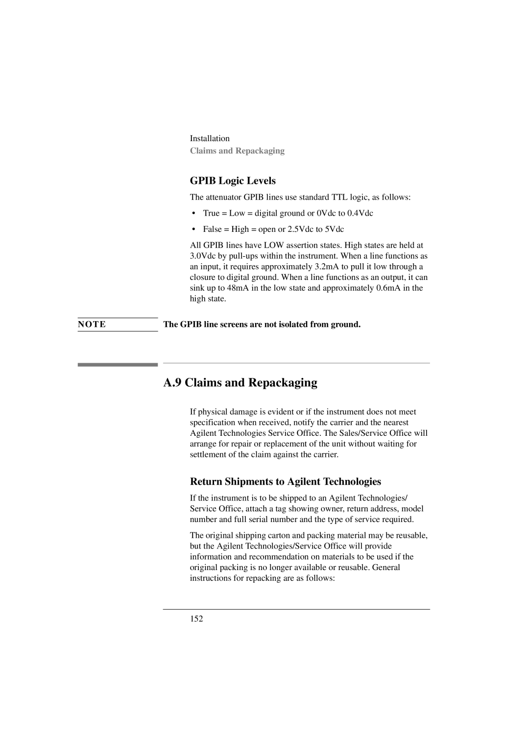 Agilent Technologies 8156A manual Claims and Repackaging, Gpib Logic Levels, Return Shipments to Agilent Technologies 