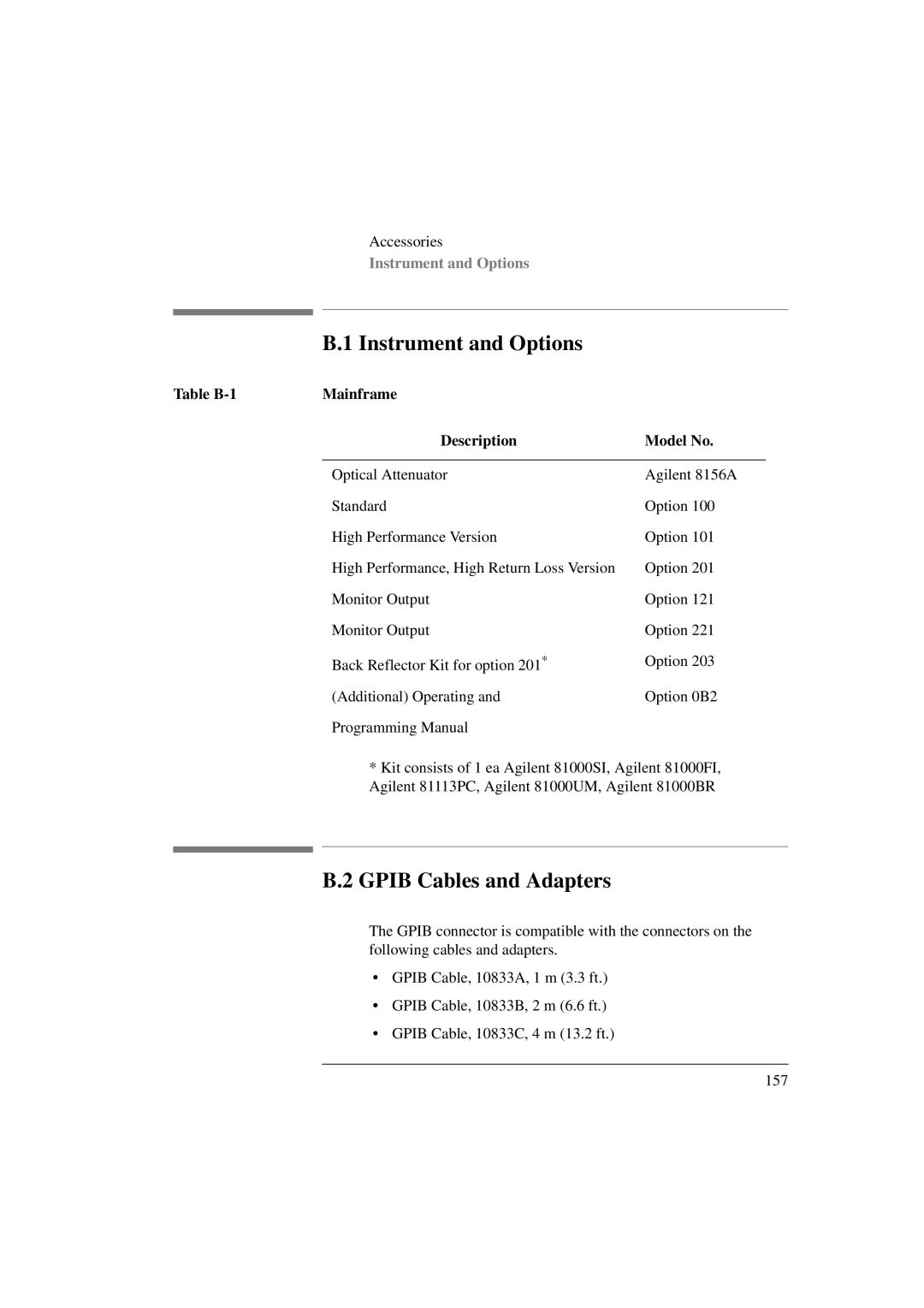 Agilent Technologies 8156A Instrument and Options, Gpib Cables and Adapters, Table B-1 Mainframe Description Model No 