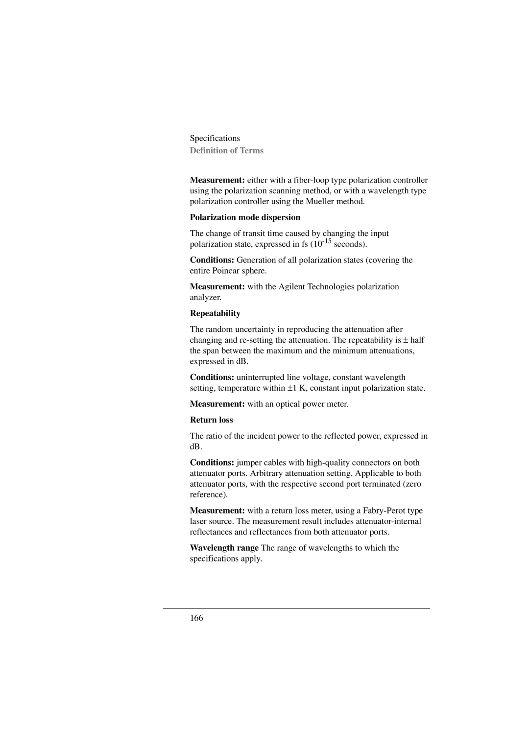 Agilent Technologies 8156A manual Polarization mode dispersion, Repeatability, Return loss 