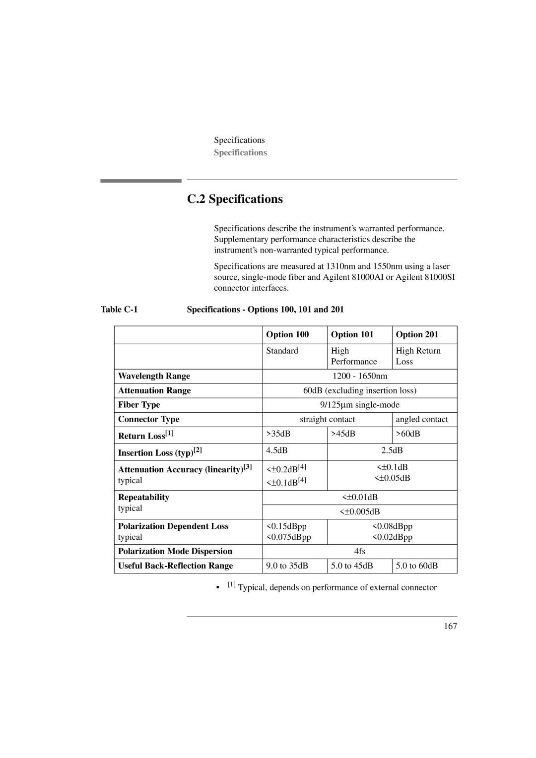 Agilent Technologies 8156A manual Specifications 