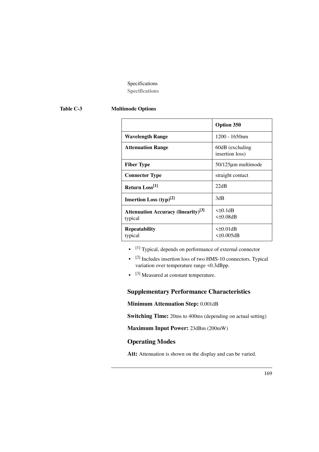 Agilent Technologies 8156A manual Supplementary Performance Characteristics, Operating Modes 