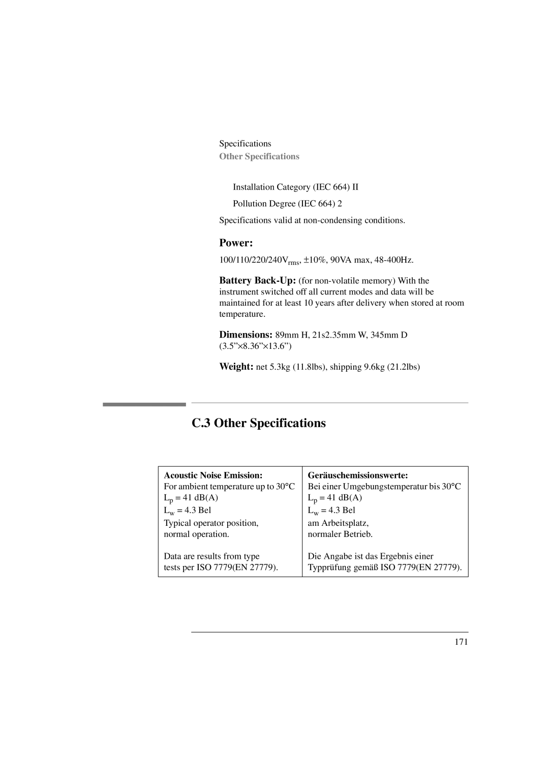 Agilent Technologies 8156A manual Other Specifications, Power, Acoustic Noise Emission Geräuschemissionswerte 