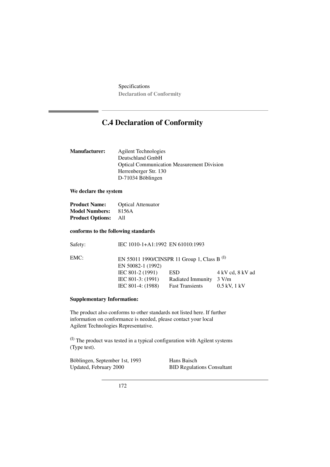 Agilent Technologies 8156A manual Declaration of Conformity 