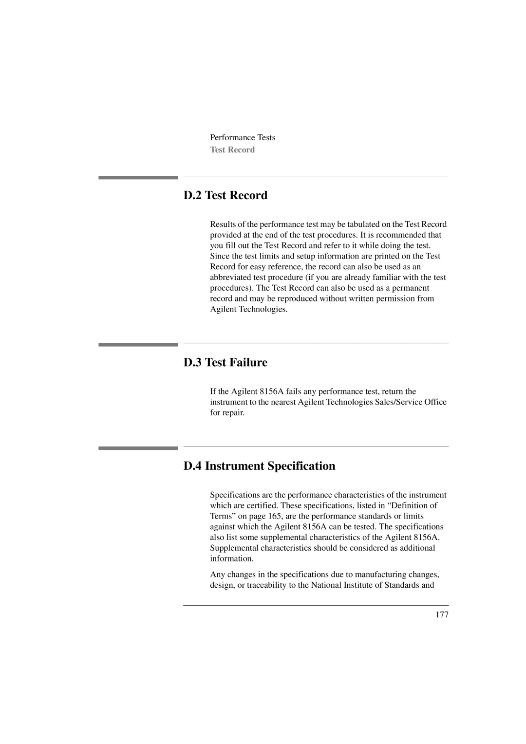 Agilent Technologies 8156A manual Test Record, Test Failure, Instrument Specification 