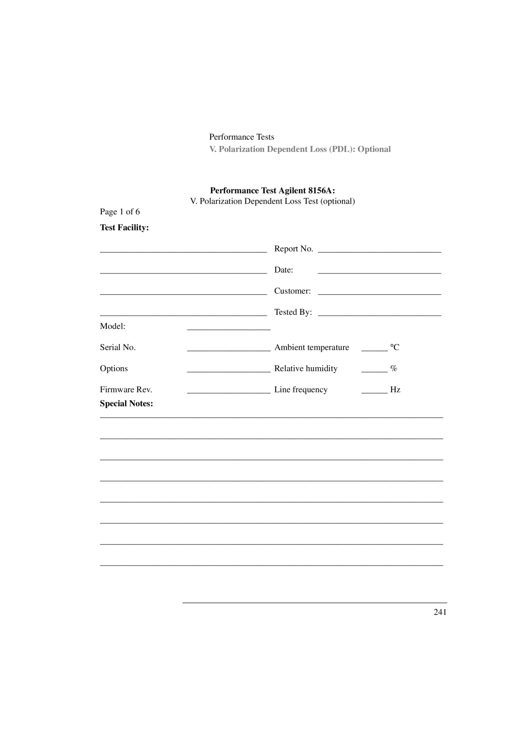 Agilent Technologies 8156A manual Test Facility, Special Notes 