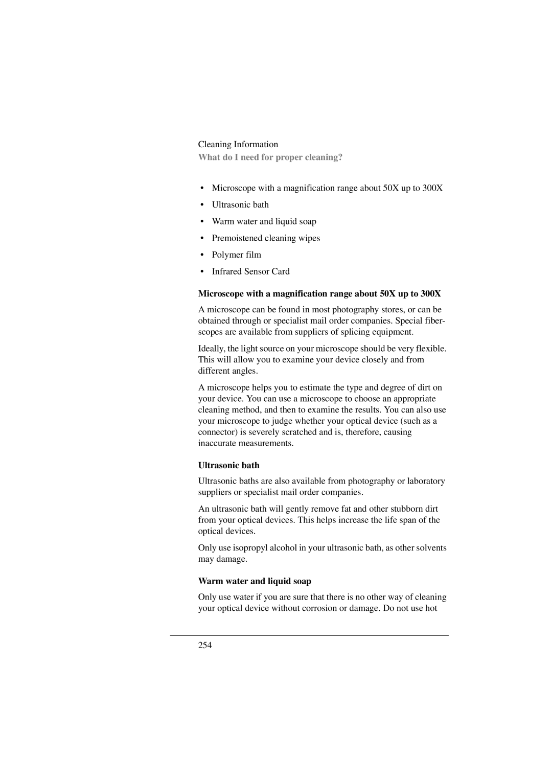 Agilent Technologies 8156A manual Microscope with a magnification range about 50X up to, Ultrasonic bath 