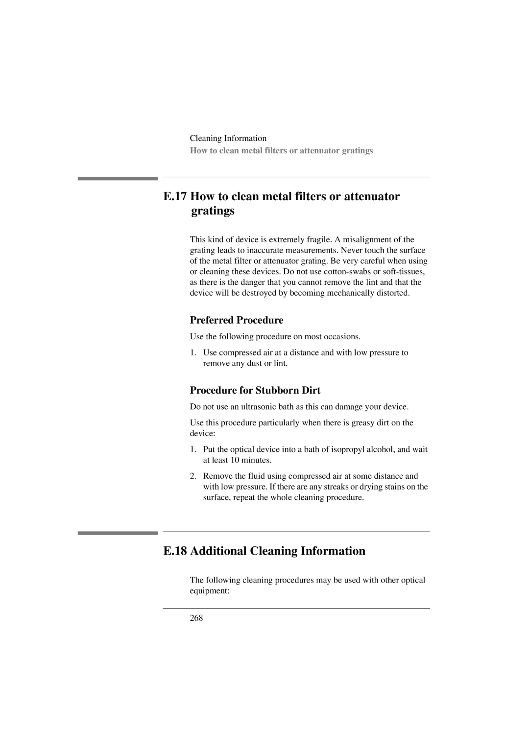 Agilent Technologies 8156A manual How to clean metal filters or attenuator gratings, Additional Cleaning Information 