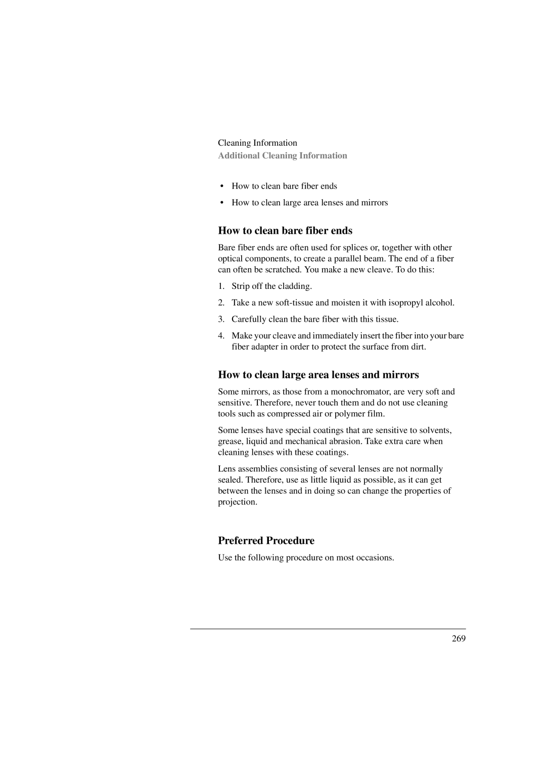 Agilent Technologies 8156A manual How to clean bare fiber ends, How to clean large area lenses and mirrors 