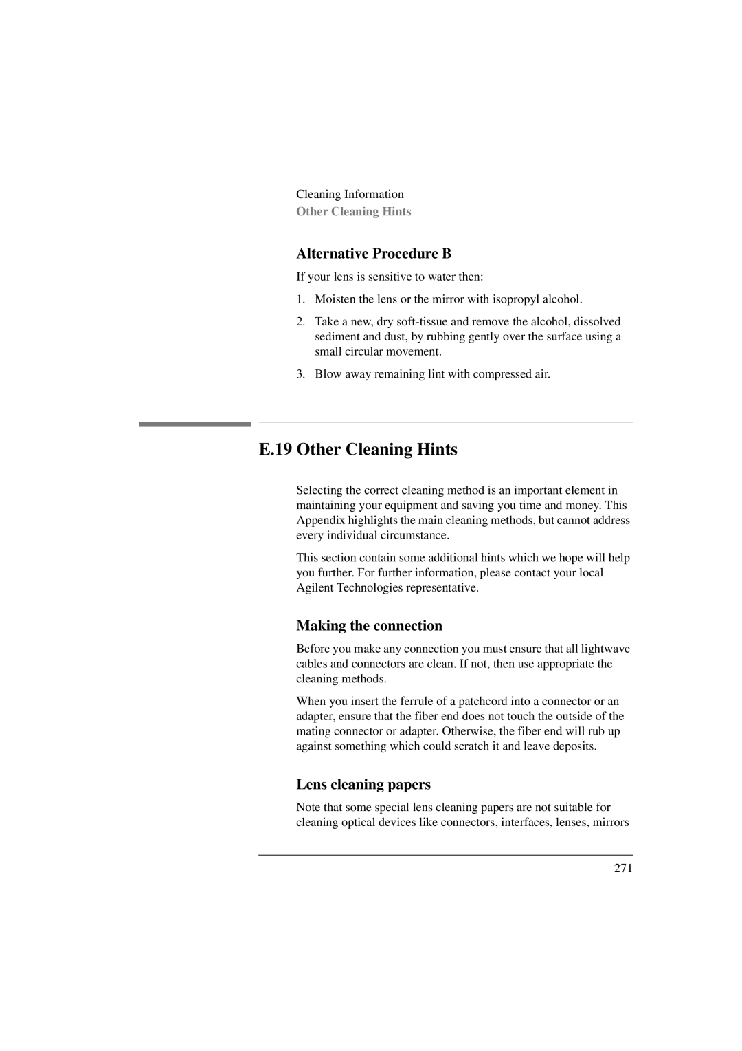 Agilent Technologies 8156A Other Cleaning Hints, Alternative Procedure B, Making the connection, Lens cleaning papers 