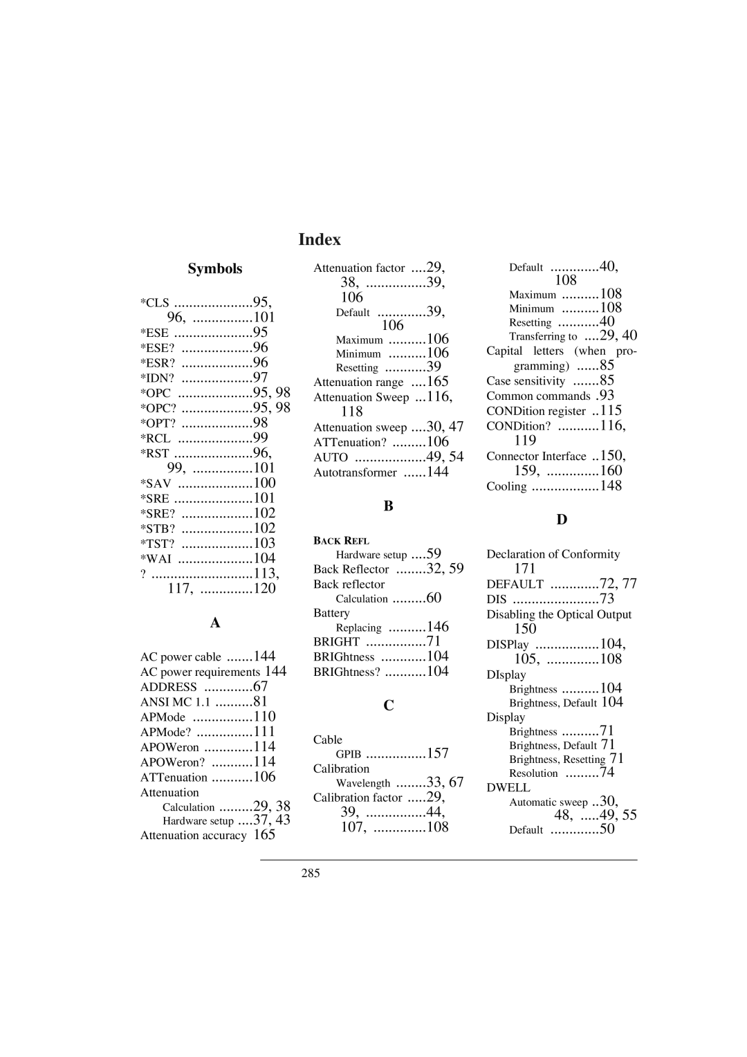 Agilent Technologies 8156A manual Index, Symbols 