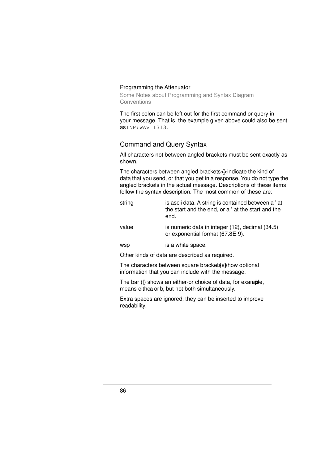 Agilent Technologies 8156A manual Command and Query Syntax, String, Value, Wsp 