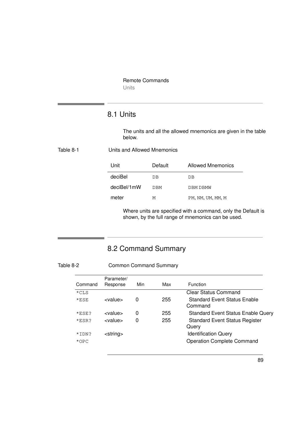 Agilent Technologies 8156A manual Units and Allowed Mnemonics Default, Common Command Summary 