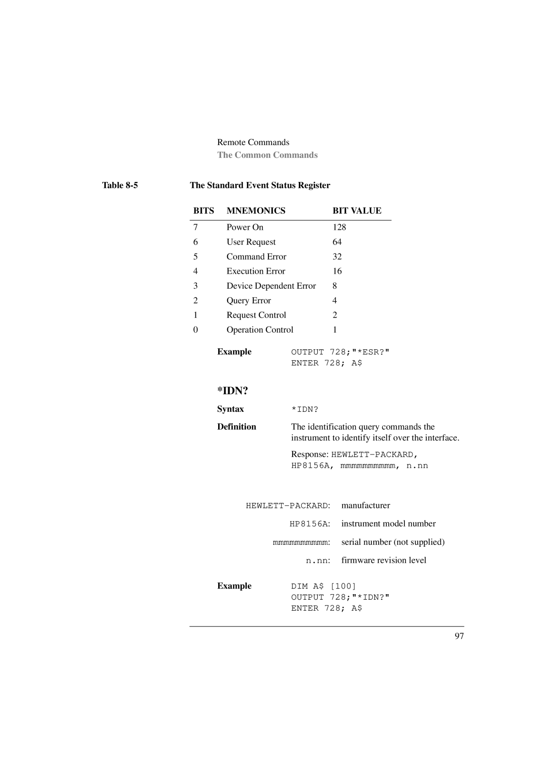 Agilent Technologies 8156A manual Standard Event Status Register, Bits Mnemonics BIT Value 