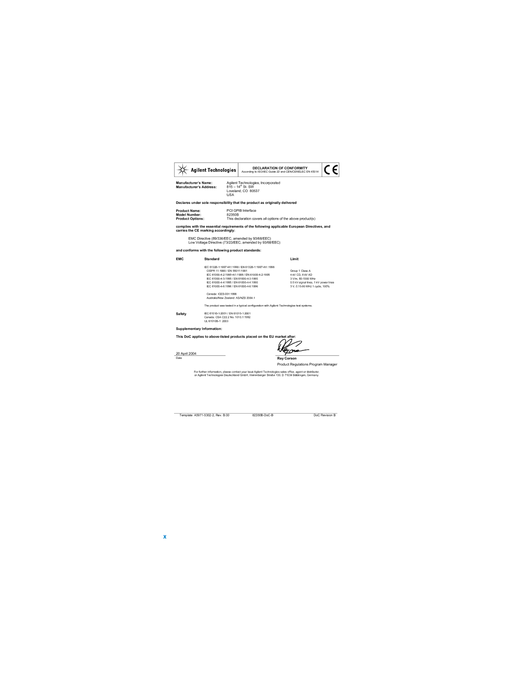 Agilent Technologies 82350B manual Declaration of Conformity 