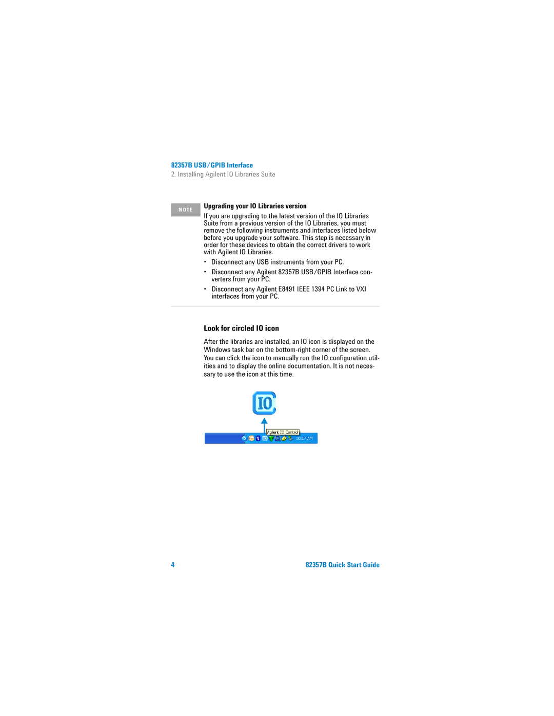 Agilent Technologies 82357B quick start Look for circled IO icon, Upgrading your IO Libraries version 