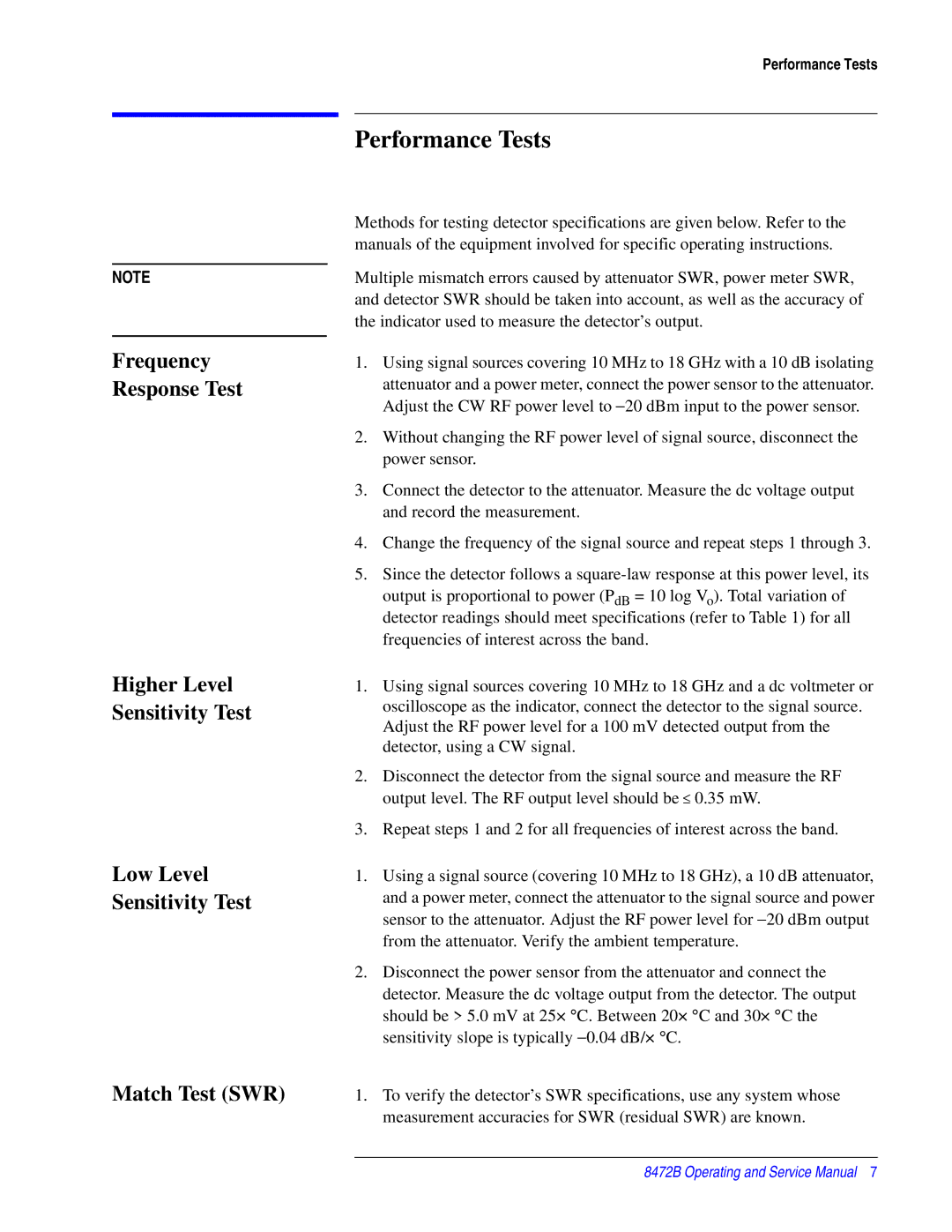 Agilent Technologies 8472B service manual Performance Tests 