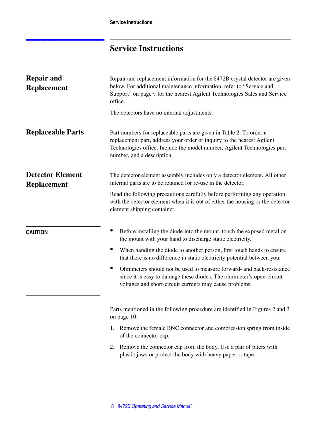 Agilent Technologies 8472B service manual Service Instructions 