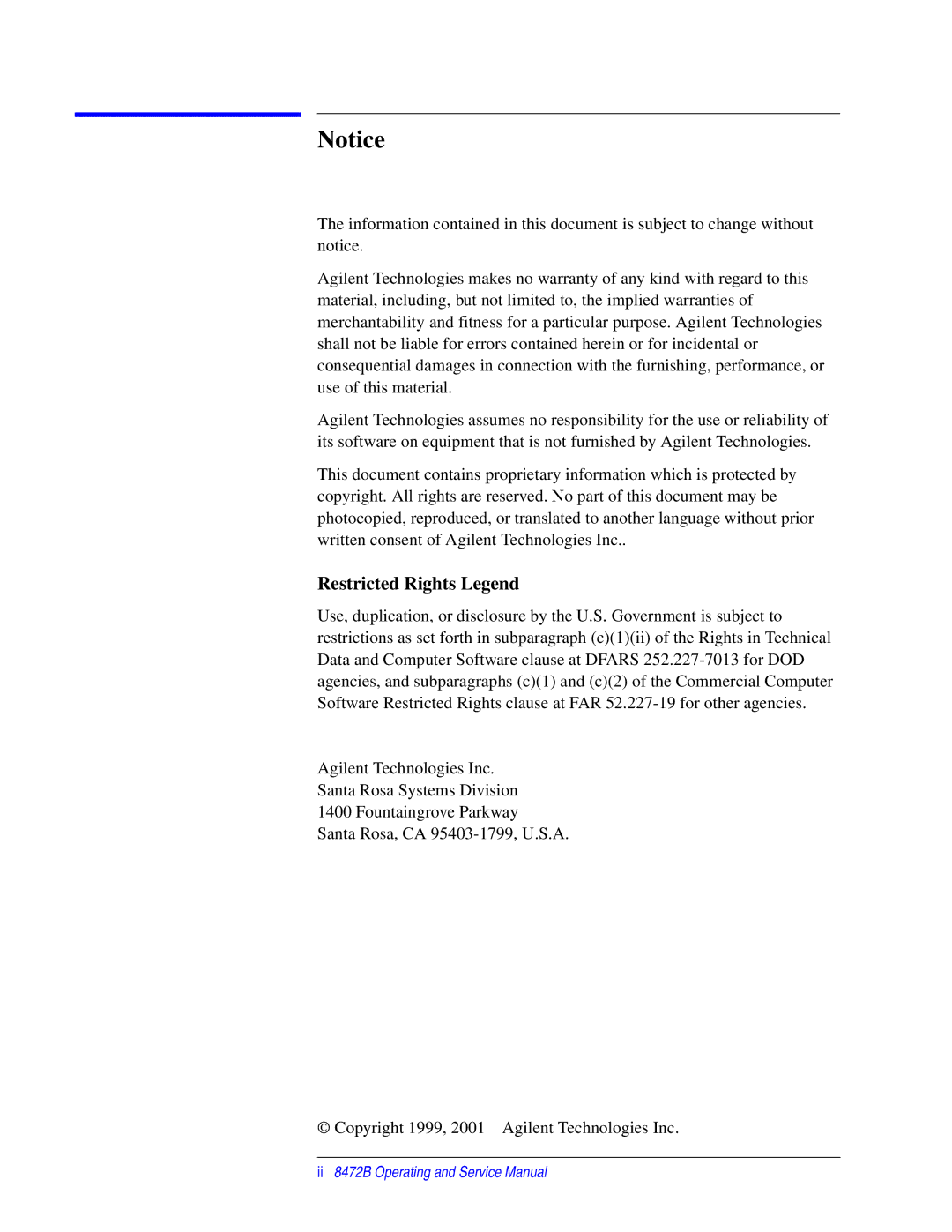 Agilent Technologies 8472B service manual Restricted Rights Legend 