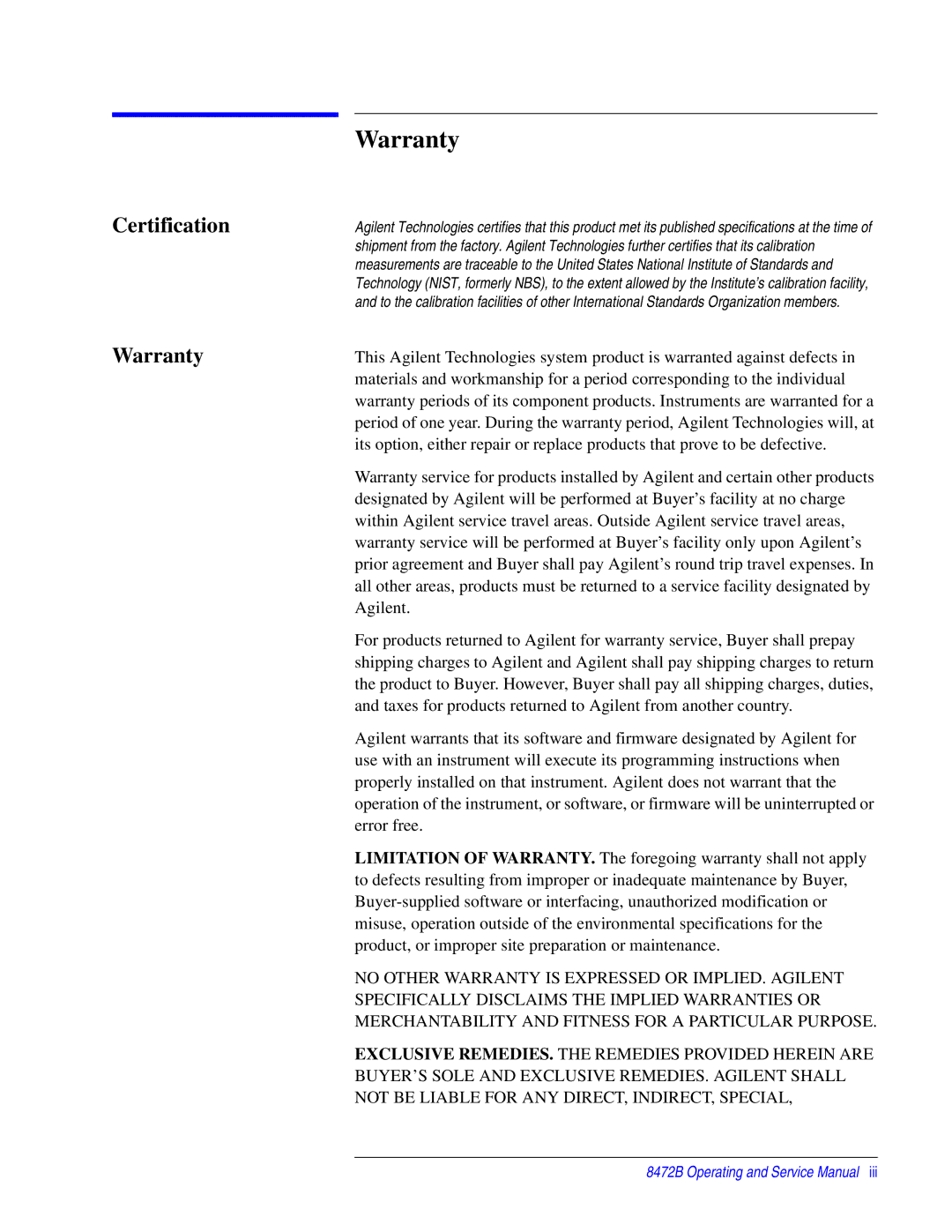 Agilent Technologies 8472B service manual Warranty, Certification 