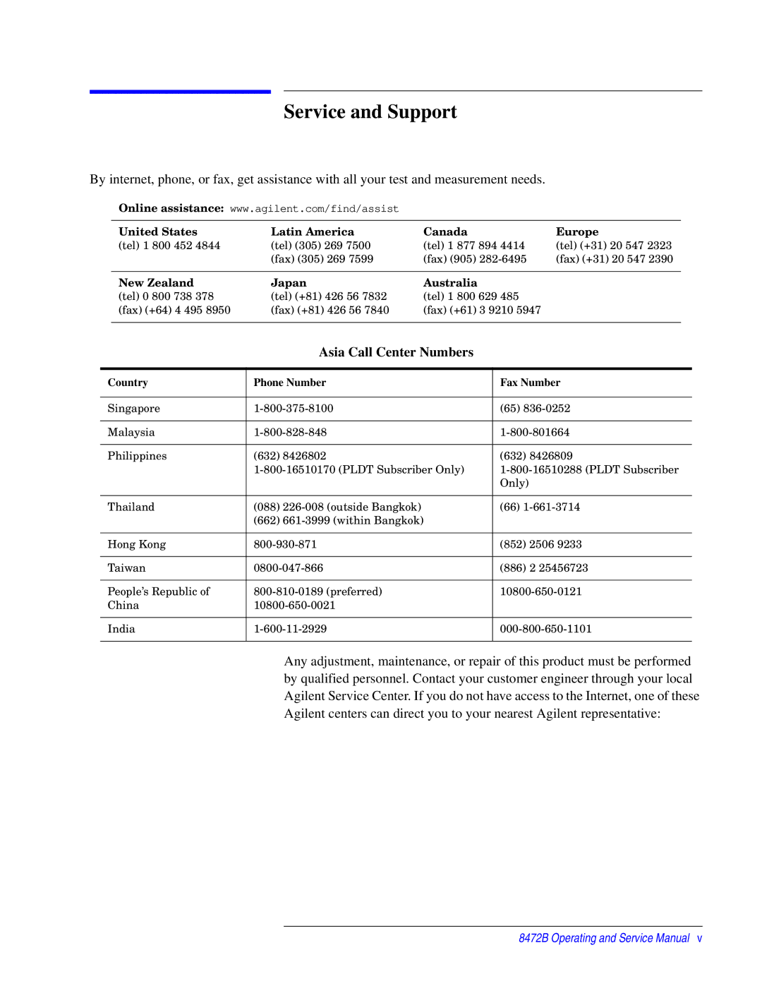 Agilent Technologies 8472B service manual Service and Support, Asia Call Center Numbers 