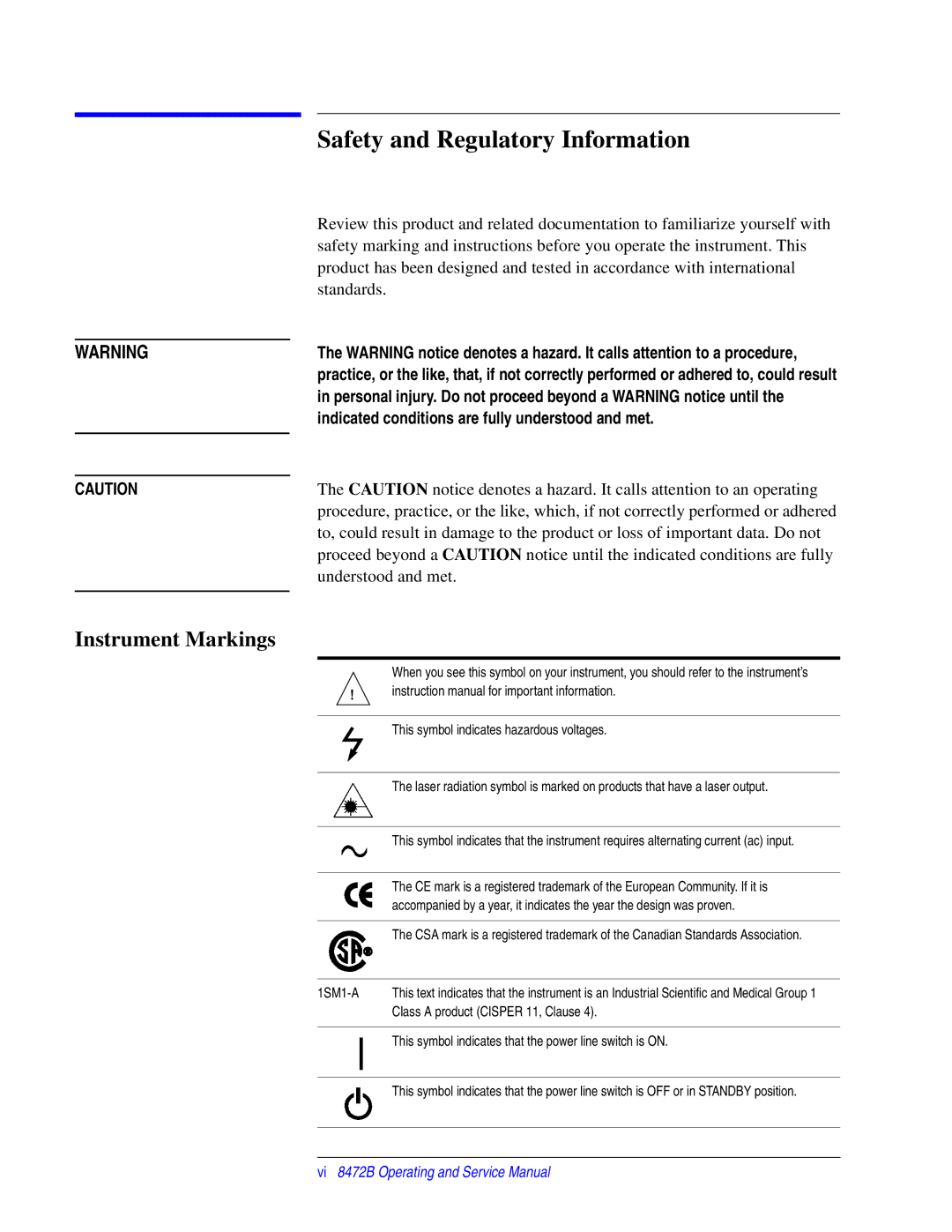 Agilent Technologies 8472B service manual Safety and Regulatory Information, Instrument Markings 