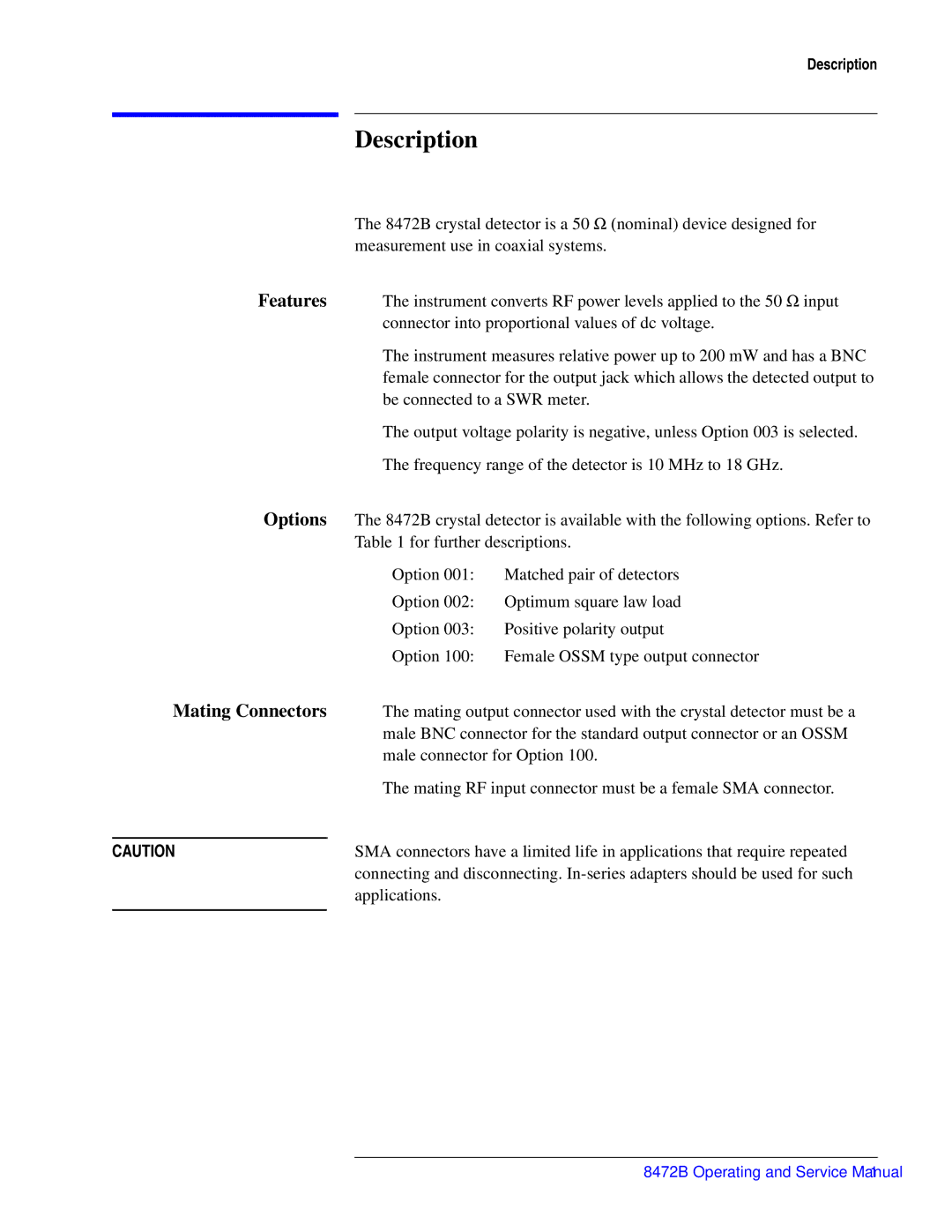 Agilent Technologies 8472B service manual Description, Features, Mating Connectors 