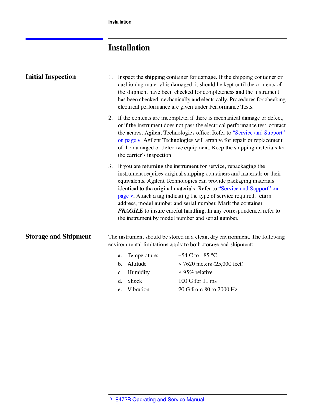 Agilent Technologies 8472B service manual Installation, Initial Inspection Storage and Shipment 