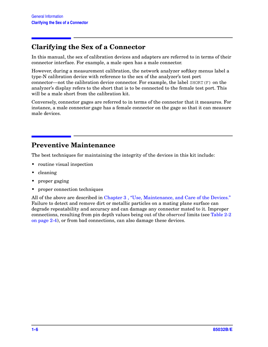 Agilent Technologies 85032B/E 50 manual Clarifying the Sex of a Connector, Preventive Maintenance 