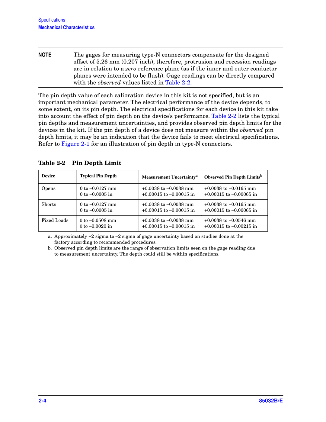 Agilent Technologies 85032B/E 50 manual Pin Depth Limit 