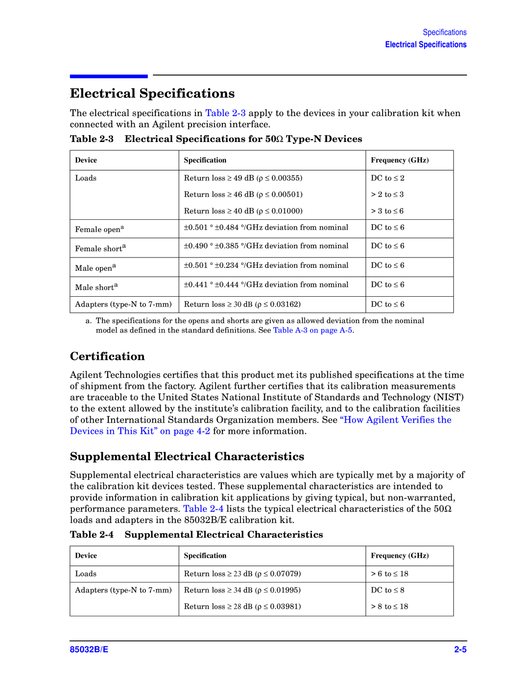 Agilent Technologies 85032B/E 50 manual Electrical Specifications, Certification, Supplemental Electrical Characteristics 