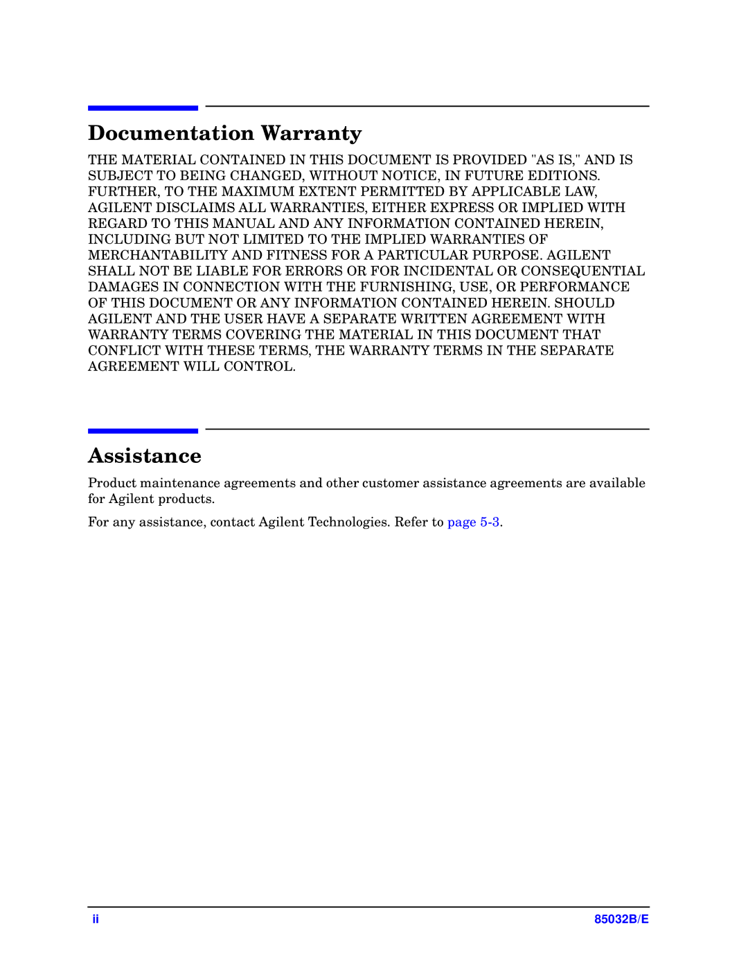 Agilent Technologies 85032B/E 50 manual Documentation Warranty 