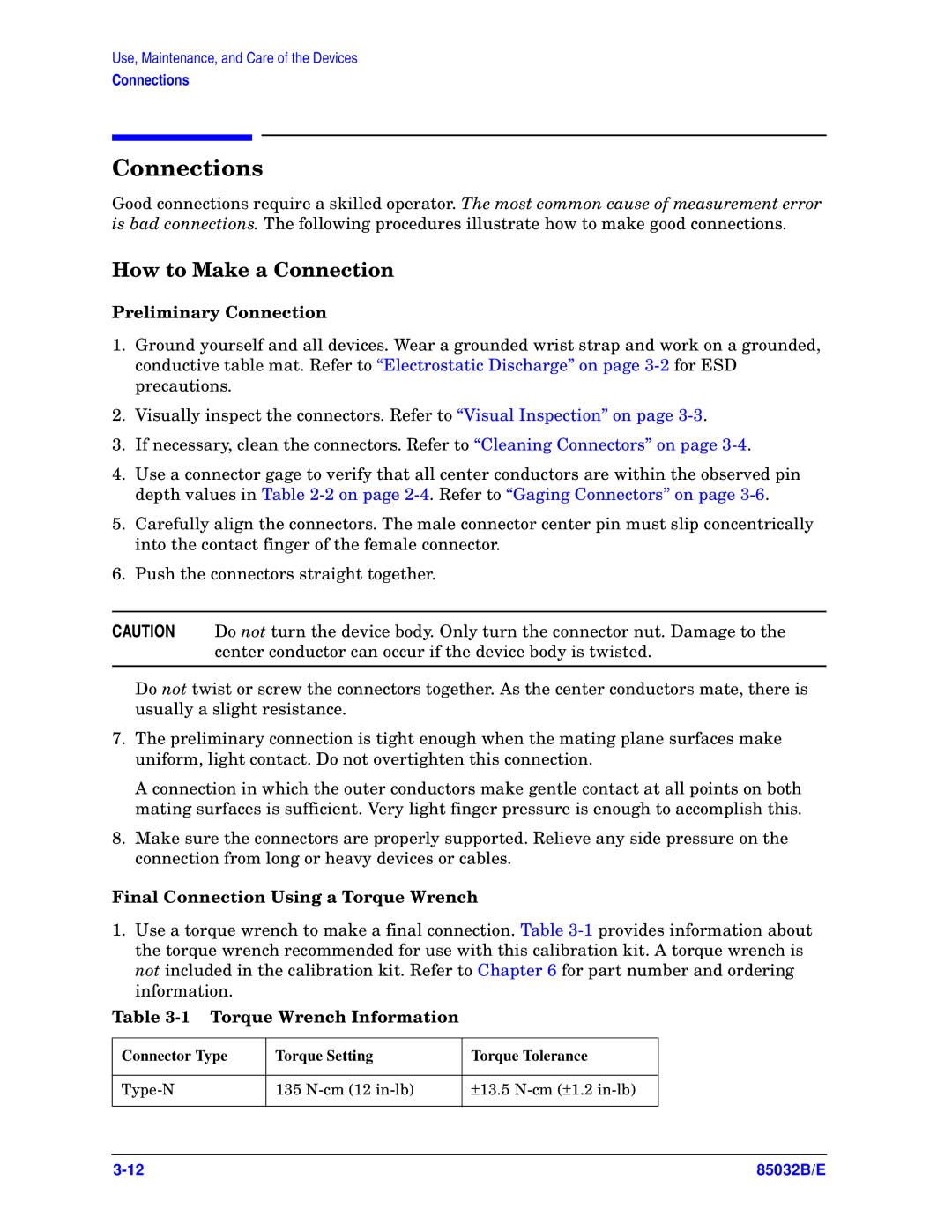 Agilent Technologies 85032B/E 50 Connections, How to Make a Connection, Preliminary Connection, Torque Wrench Information 