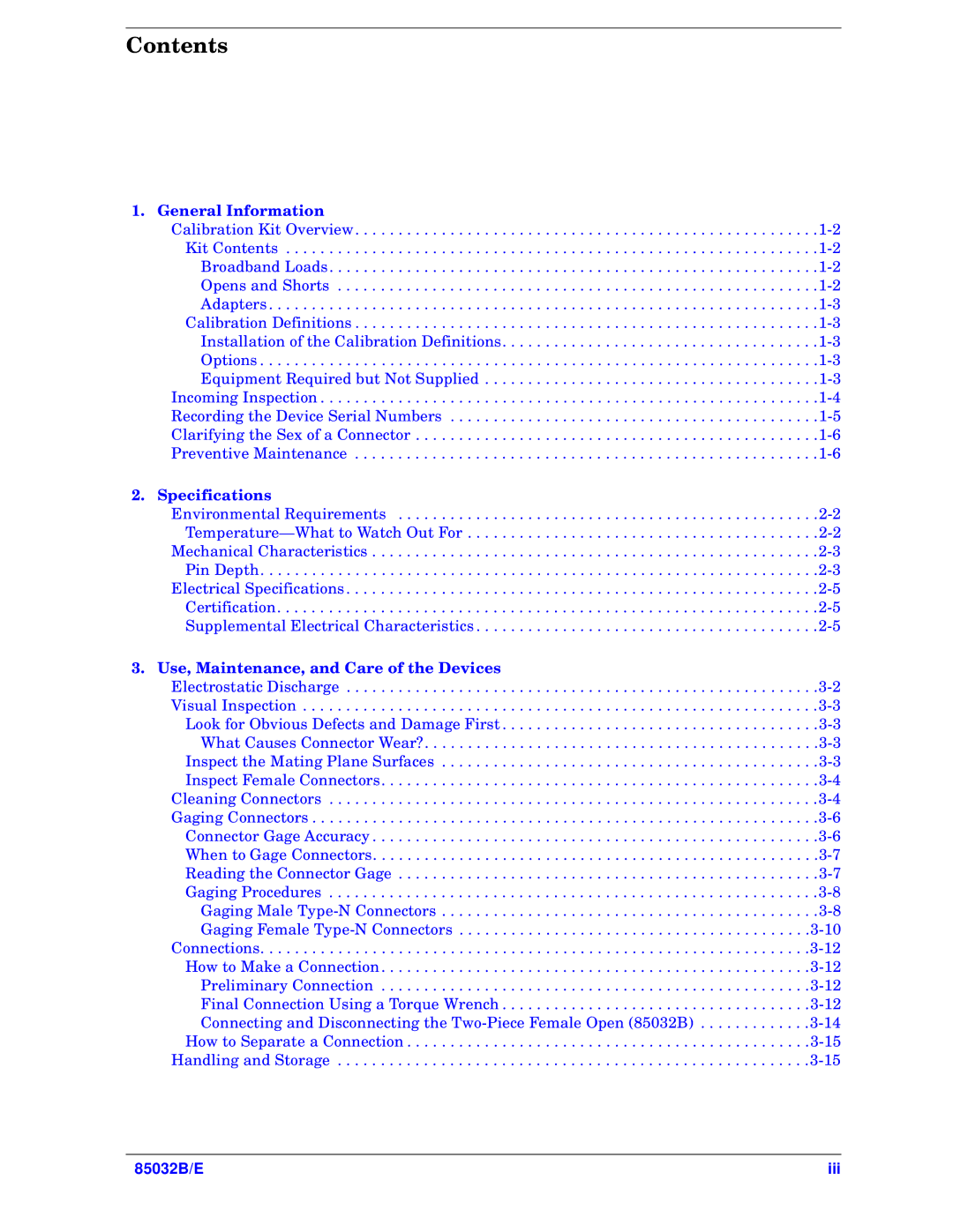 Agilent Technologies 85032B/E 50 manual Contents 