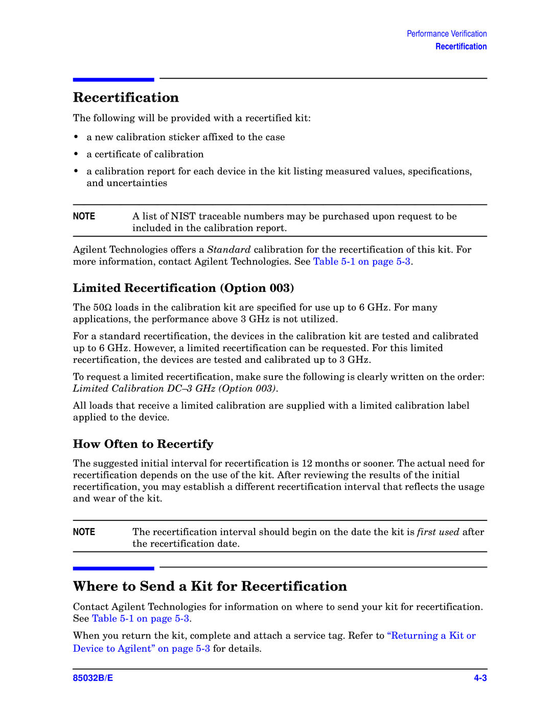 Agilent Technologies 85032B/E 50 manual Where to Send a Kit for Recertification, Limited Recertification Option 