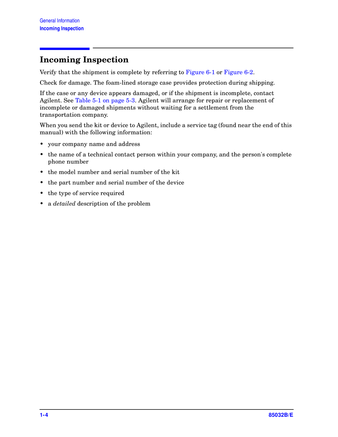 Agilent Technologies 85032B/E 50 manual Incoming Inspection 