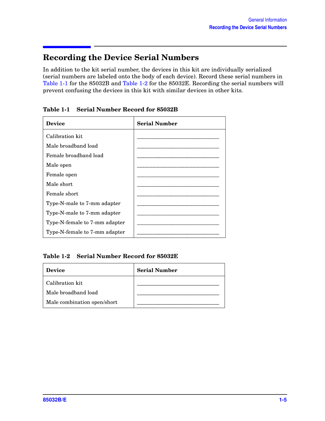 Agilent Technologies 85032B/E 50 manual Recording the Device Serial Numbers, Serial Number Record for 85032B 