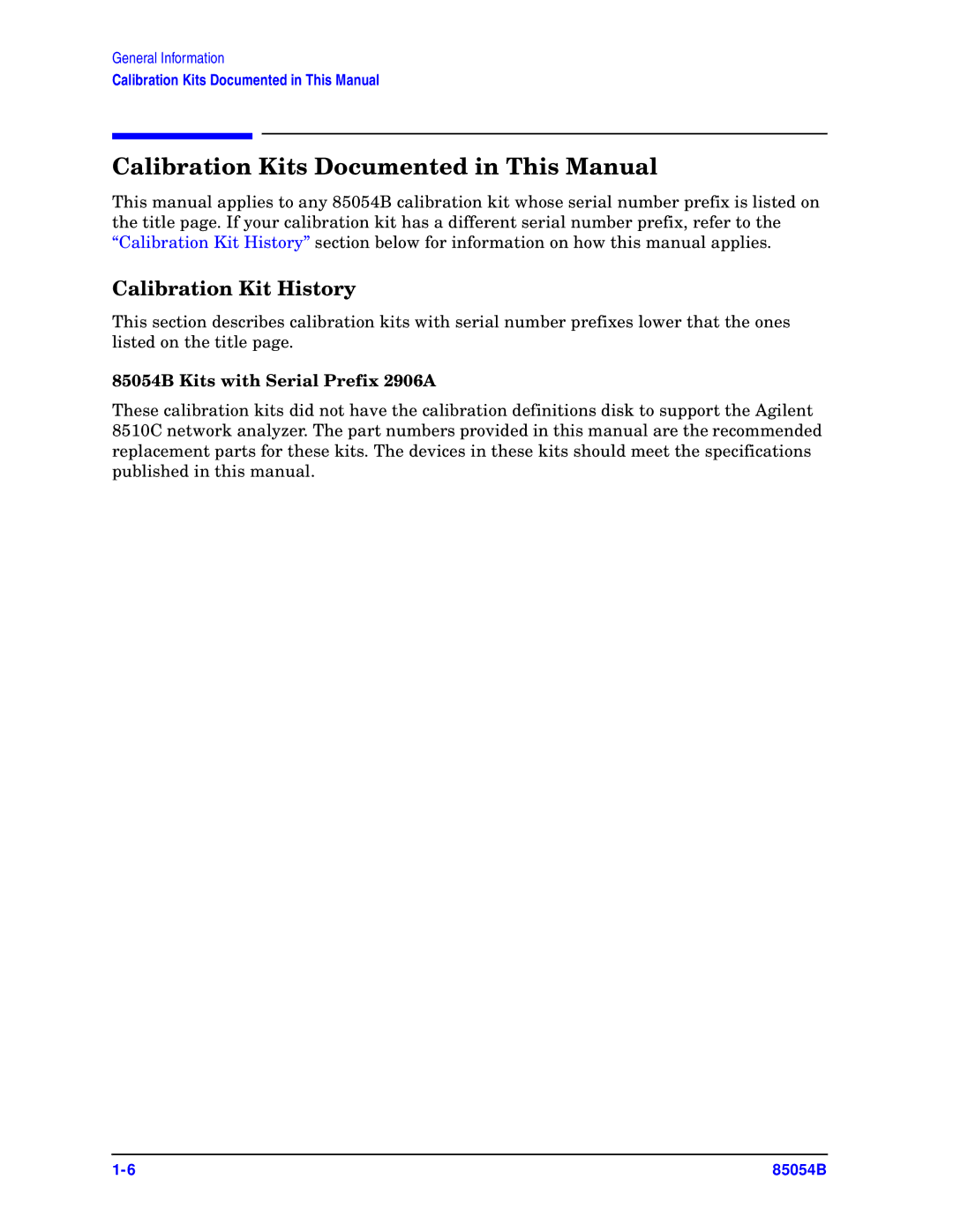 Agilent Technologies 85054-90049 manual Calibration Kits Documented in This Manual, Calibration Kit History 