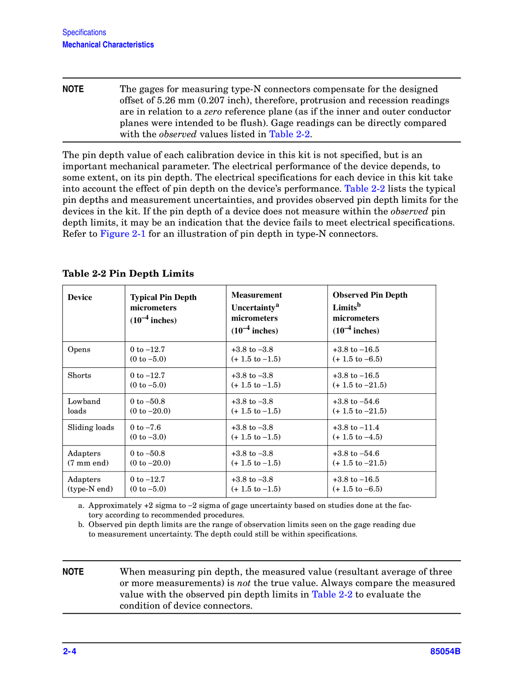 Agilent Technologies 85054-90049 manual Pin Depth Limits 
