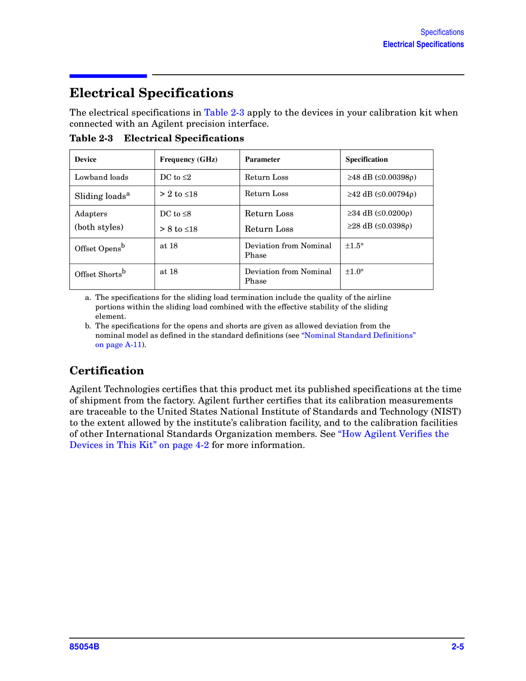 Agilent Technologies 85054-90049 manual Electrical Specifications, Certification 