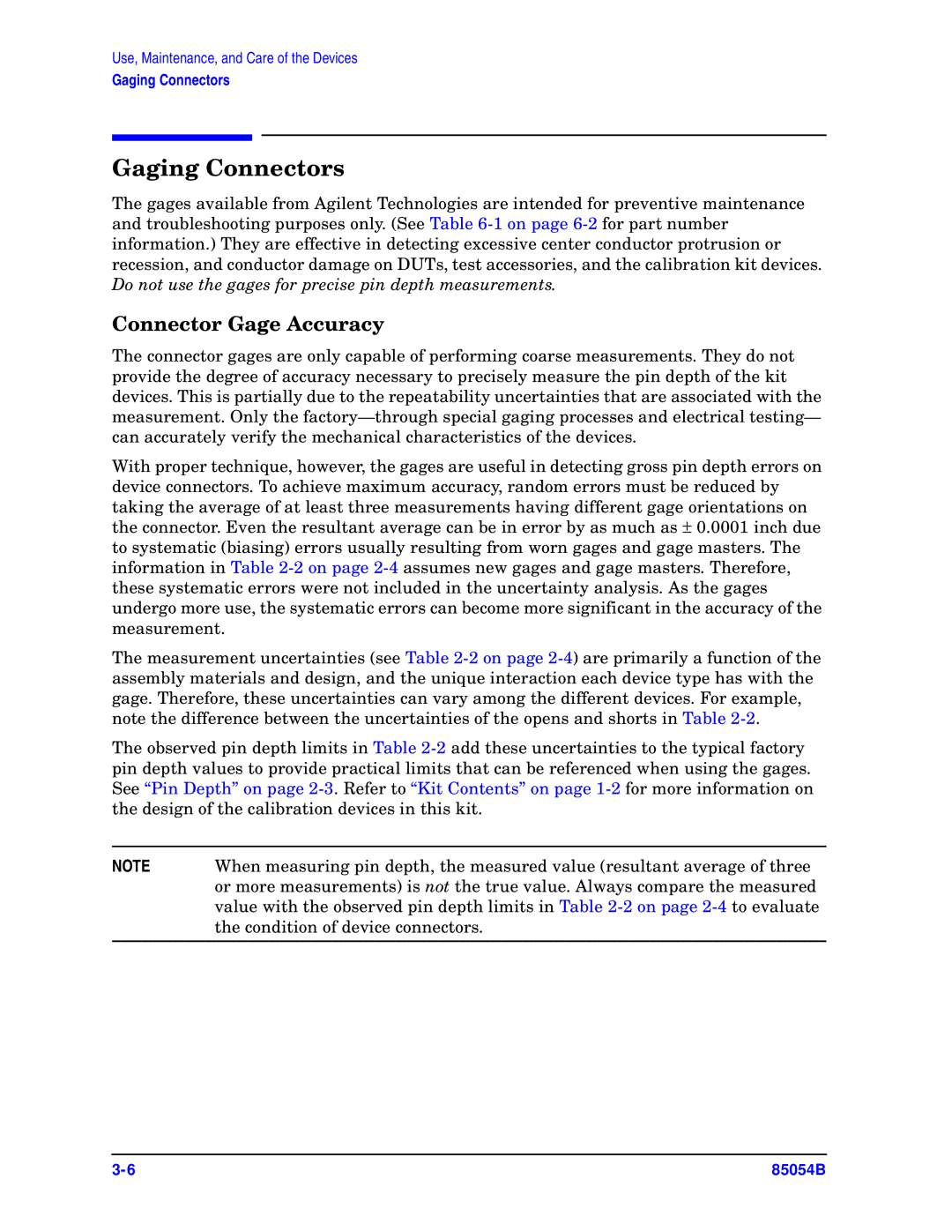 Agilent Technologies 85054-90049 manual Gaging Connectors, Connector Gage Accuracy 