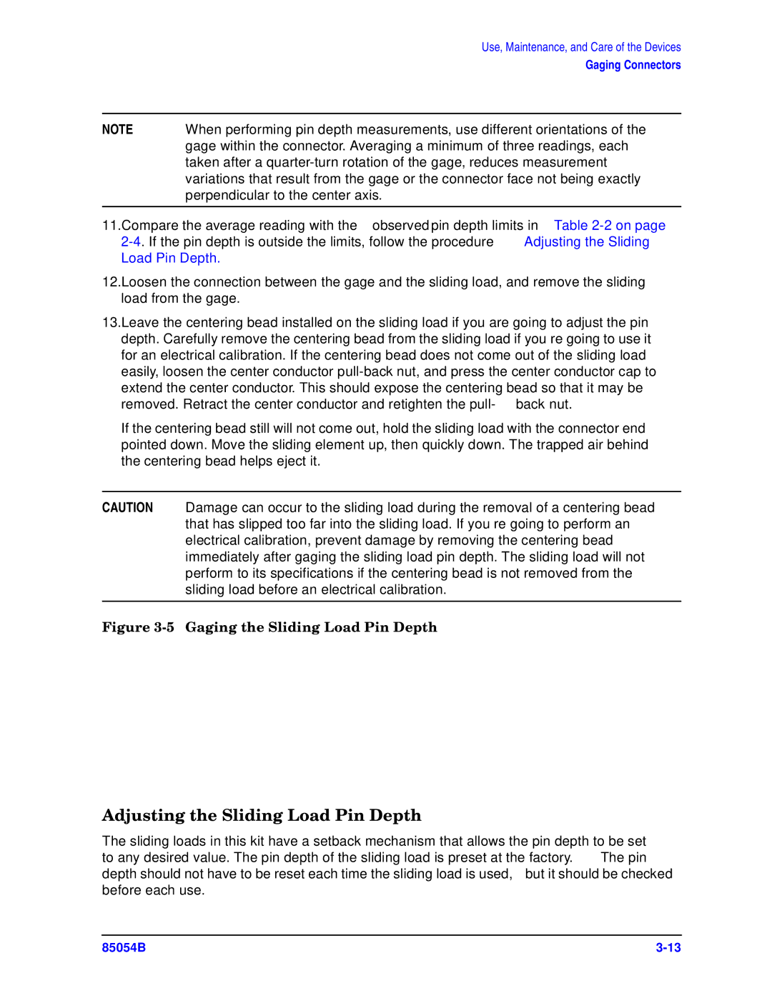 Agilent Technologies 85054-90049 manual Adjusting the Sliding Load Pin Depth, Gaging the Sliding Load Pin Depth 
