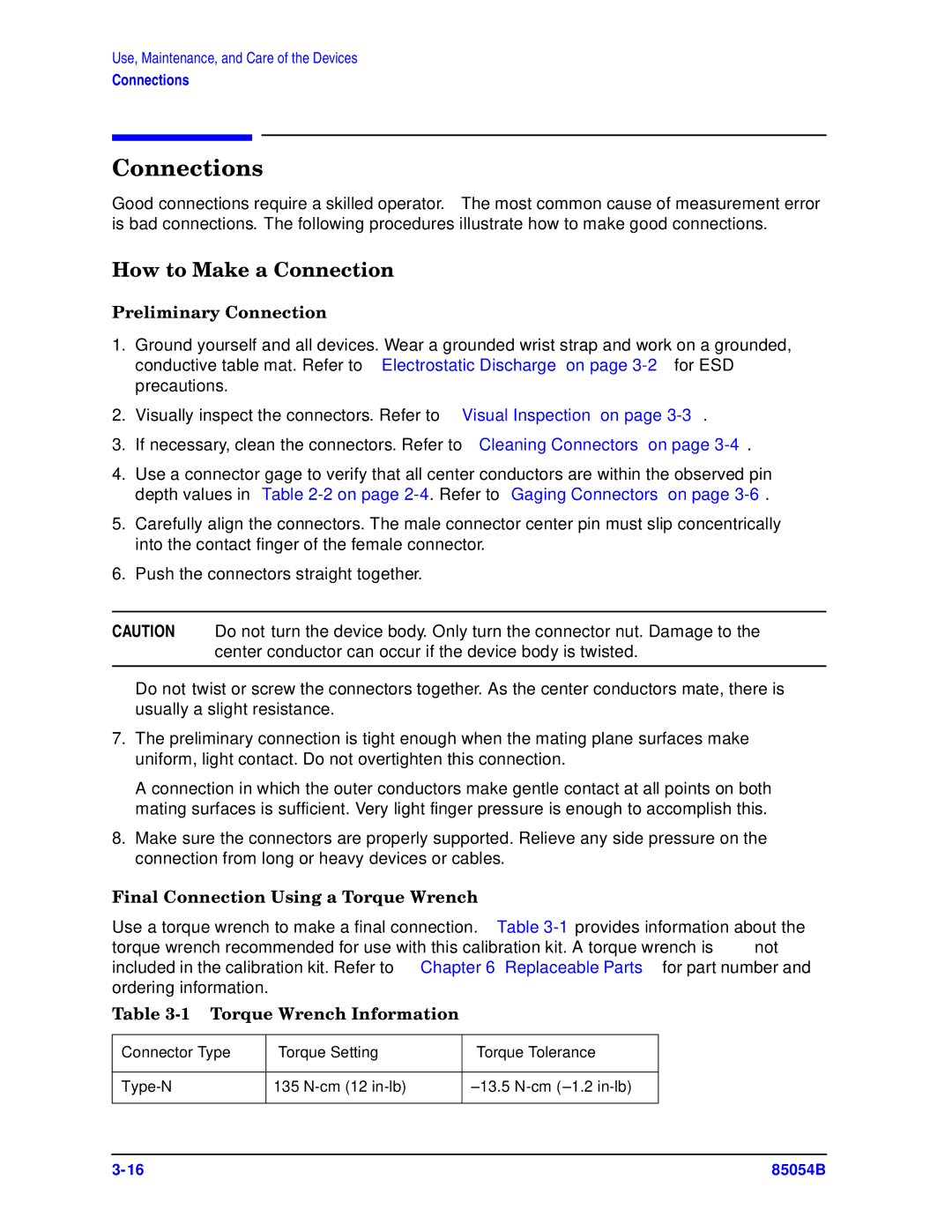 Agilent Technologies 85054-90049 Connections, How to Make a Connection, Preliminary Connection, Torque Wrench Information 