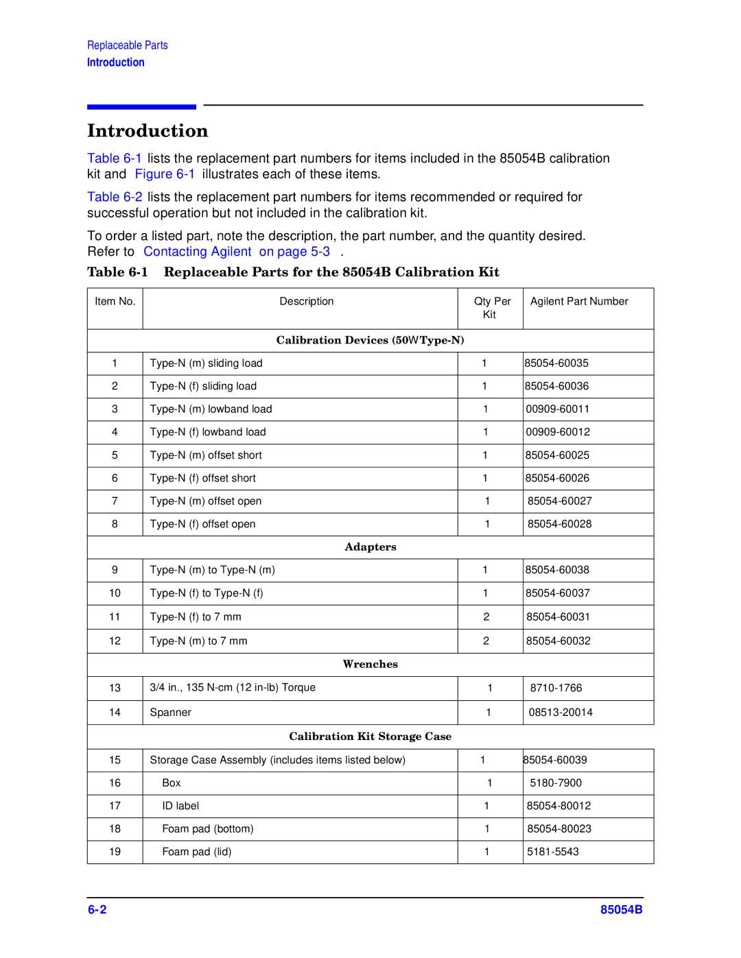 Agilent Technologies 85054-90049 manual Replaceable Parts for the 85054B Calibration Kit, Adapters 