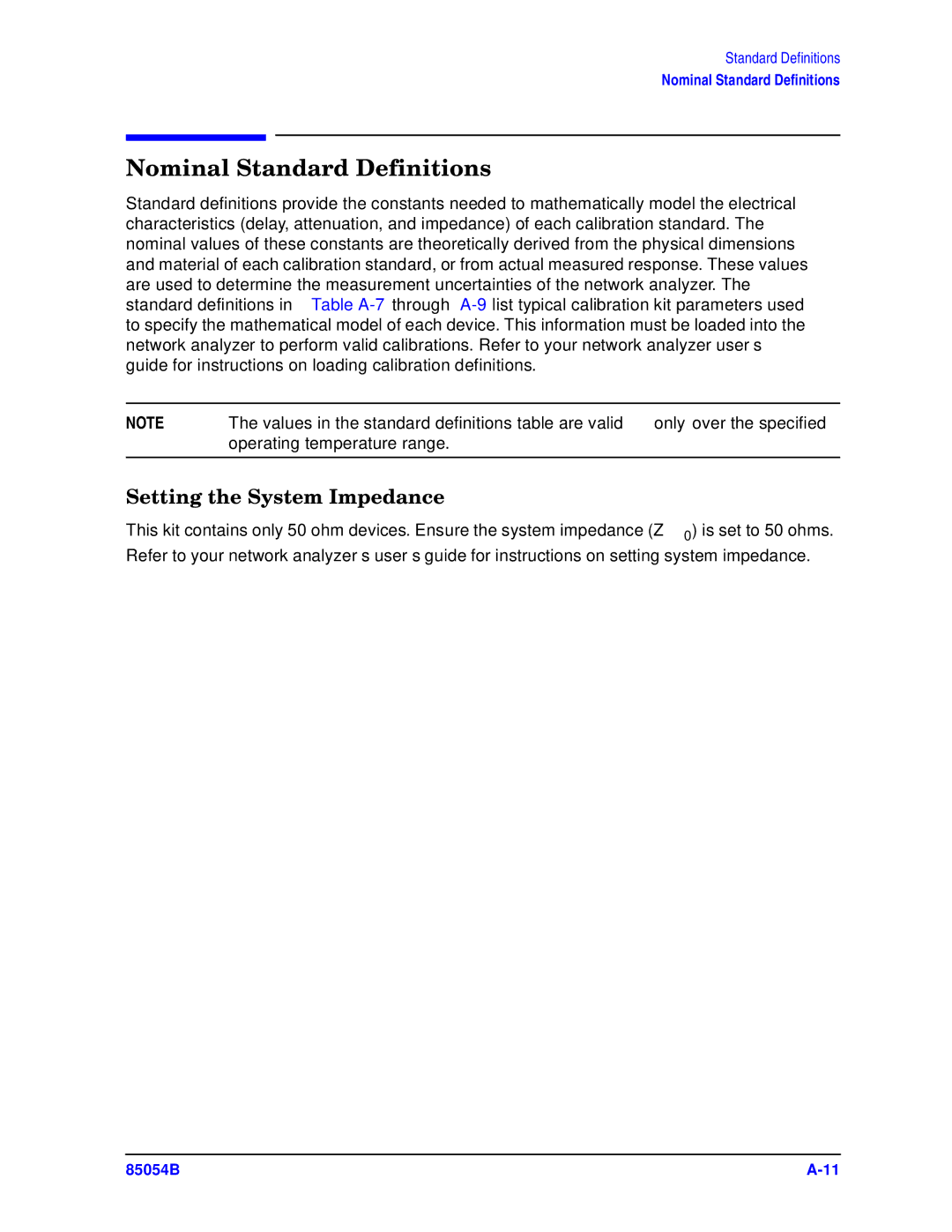 Agilent Technologies 85054-90049 manual Nominal Standard Definitions, Setting the System Impedance 