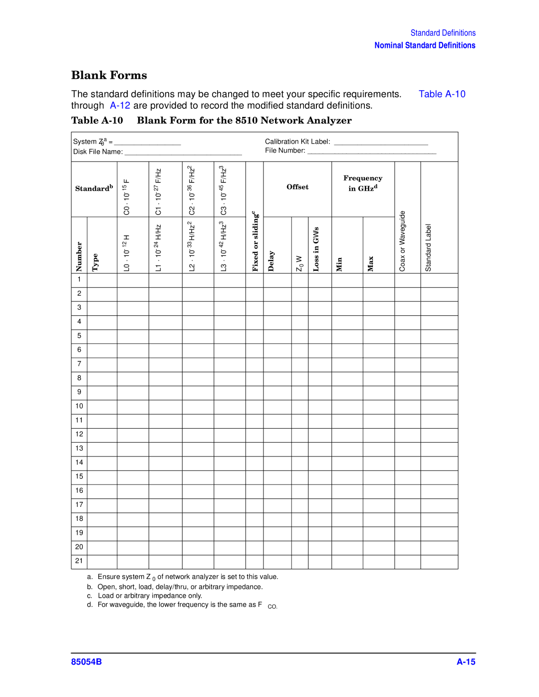 Agilent Technologies 85054-90049 Table A-10 Blank Form for the 8510 Network Analyzer, Coax or Waveguide Standard Label 