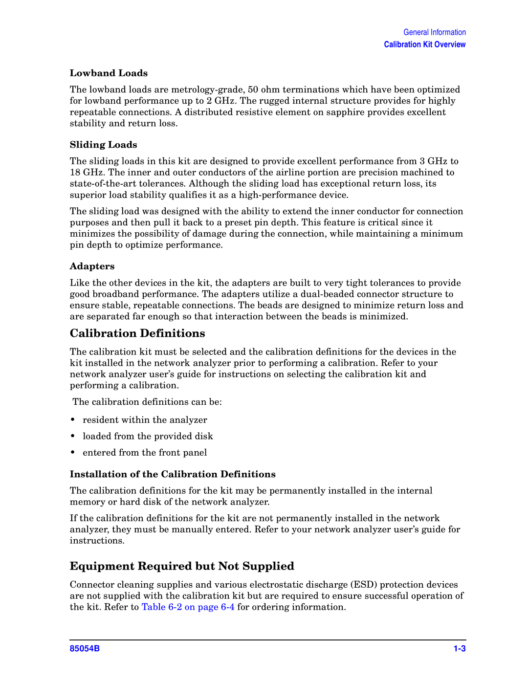 Agilent Technologies 85054-90049 manual Calibration Definitions, Equipment Required but Not Supplied 