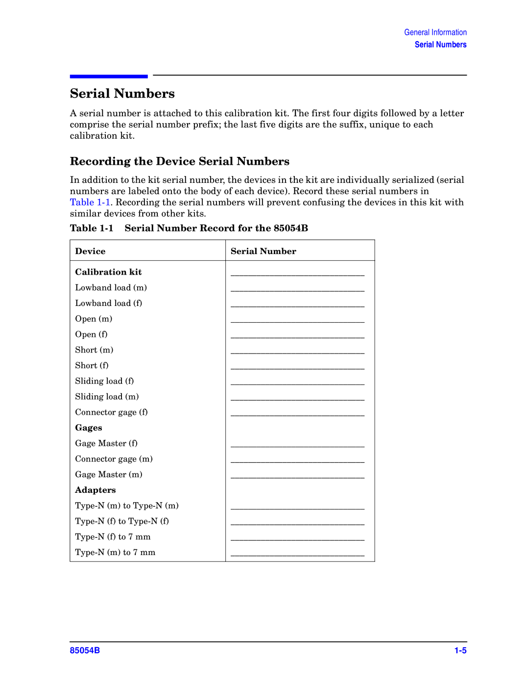 Agilent Technologies 85054-90049 manual Recording the Device Serial Numbers, Serial Number Record for the 85054B 