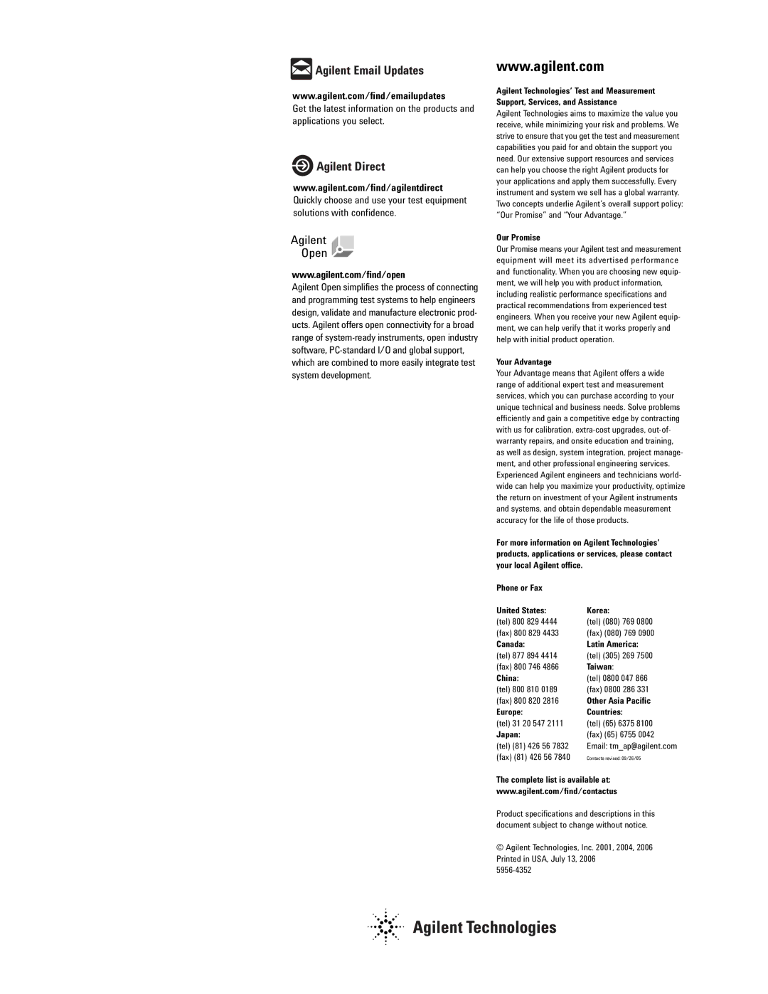 Agilent Technologies 8510 manual Agilent Email Updates, Agilent Direct, Agilent Open 